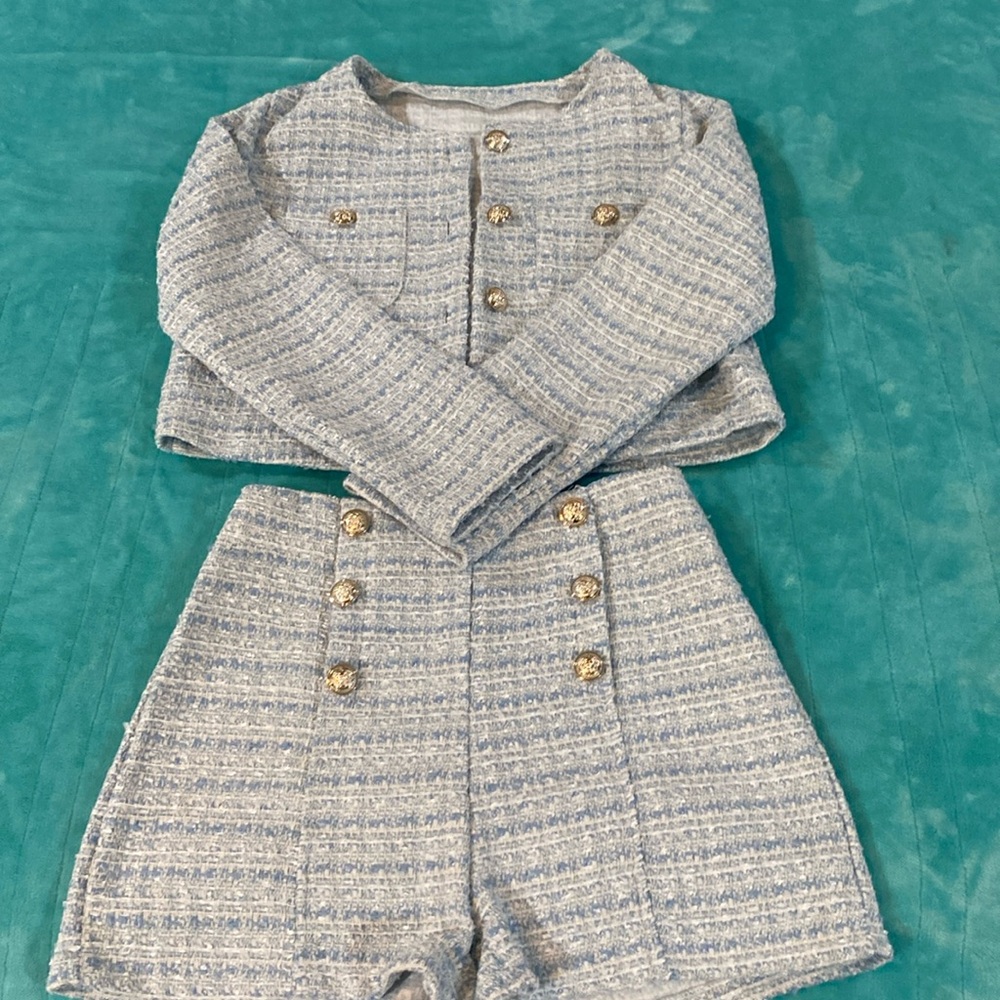 Beautiful BLUE and White tweed Two Piece Jacket and Short Suit SHEIN
